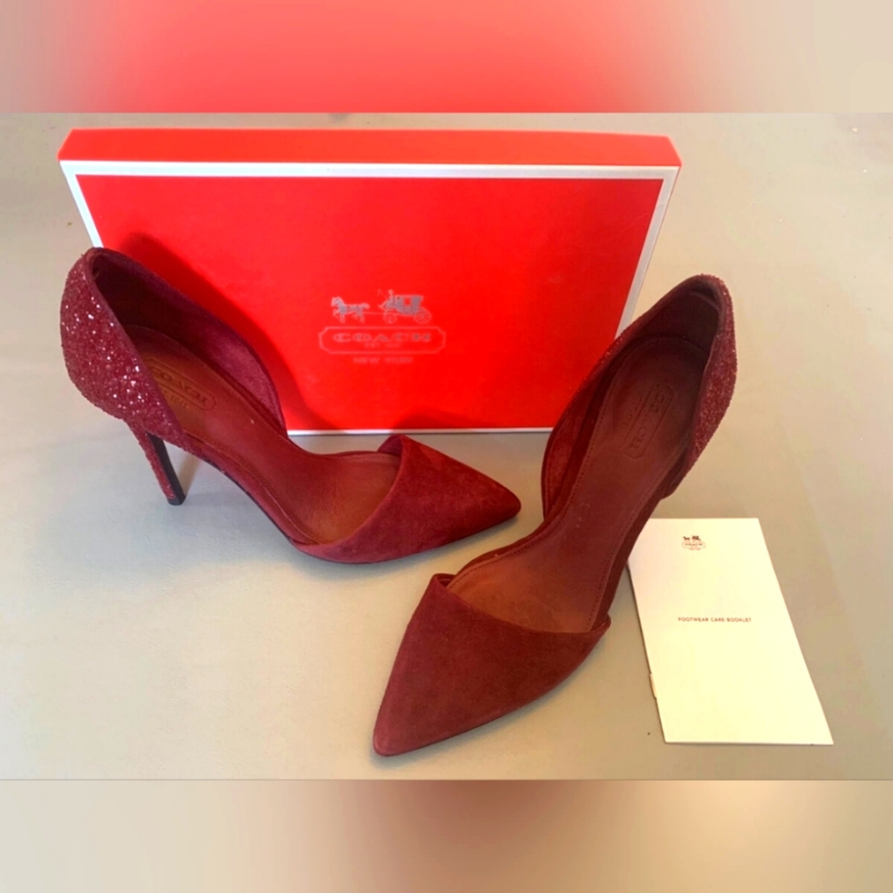 Coach Designer Hollis Wine Red Sparkle Hlitter Suede Heel Pumps Size 9 - Picture 1 of 7